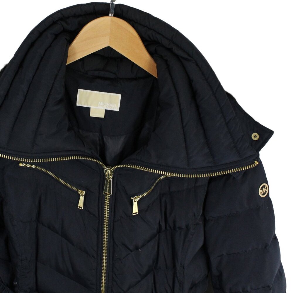 MICHAEL KORS Down Blend Puffer Hooded Belted Mid Length Navy Blue Coat - Large - Picture 4 of 6
